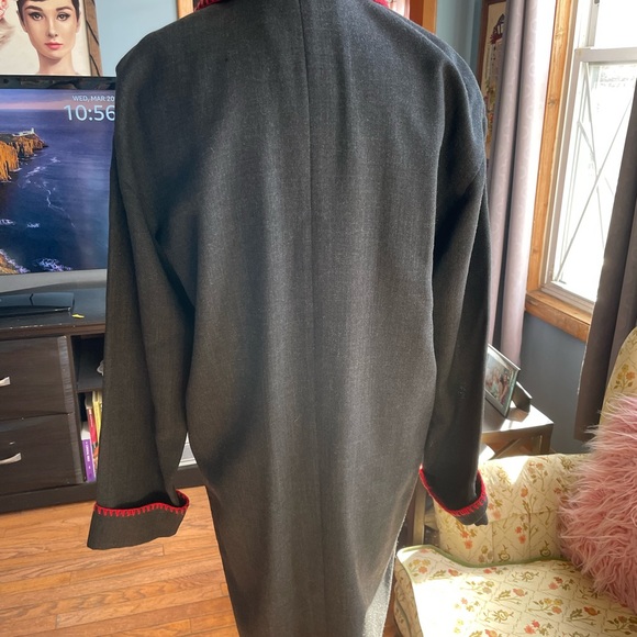 Dana Buchman button down dark gray with red trim light wool long spring jacket - Picture 7 of 14